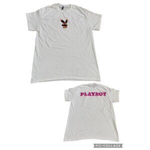 Playboy 100% Cotton White T Shirt Two Double Sided Medium Pink Spell Out SEE Spo